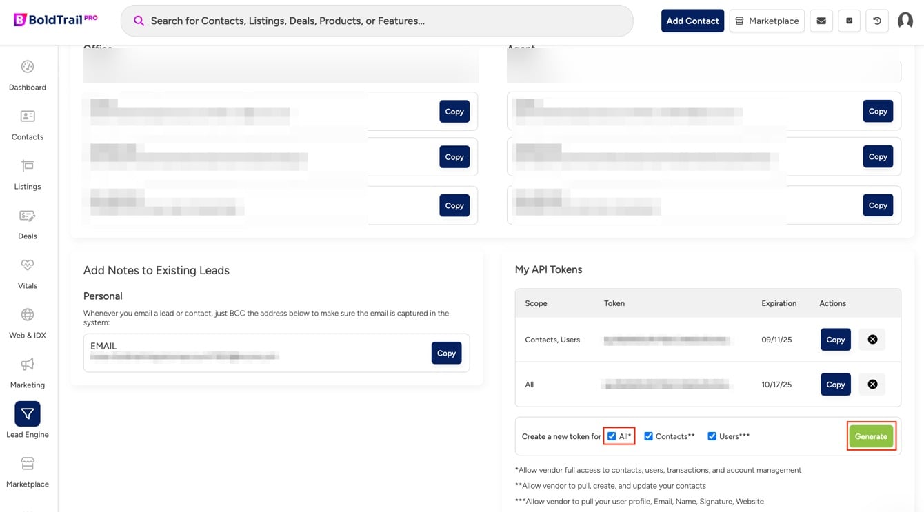 The BoldTrail My API Tokens section with existing tokens blurred and the All permission and Generate button highlighted