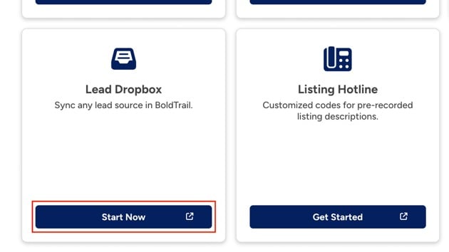 A close-up of the BoldTrail Lead Dropbox card and Start Now button