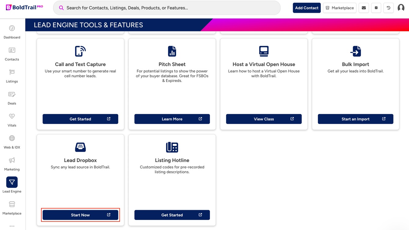 The BoldTrail Lead Engine page with Lead Dropbox and Start Now highlighted