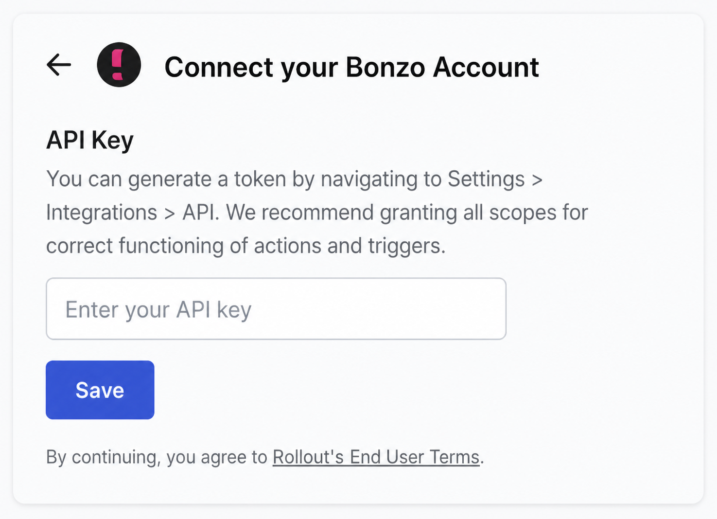 Rollout-powered Bonzo connection form with the API Key field and Save button