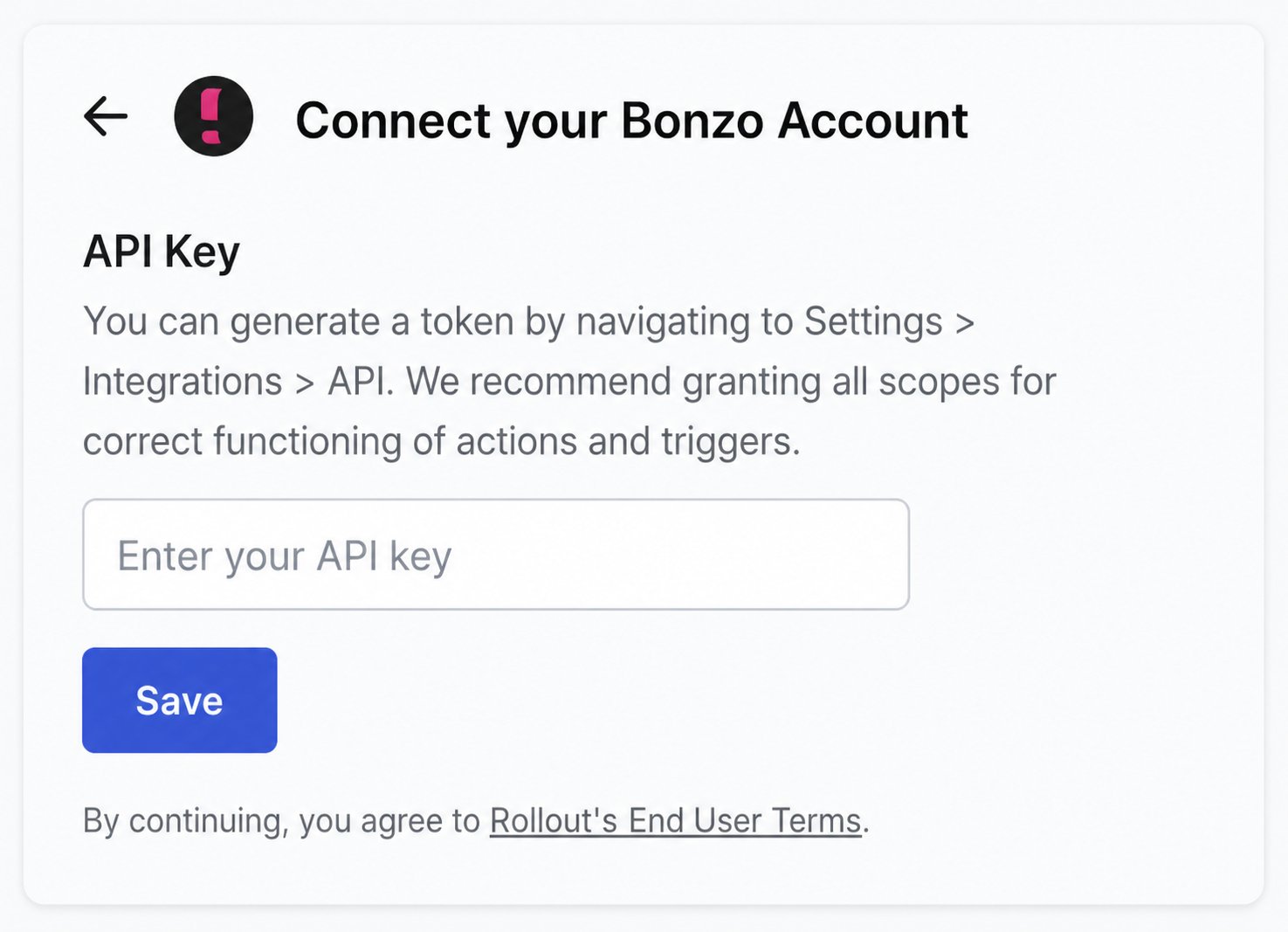 Rollout-powered Bonzo connection form with the API Key field and Save button
