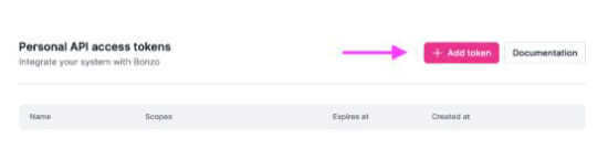 Bonzo API settings with the Add token button highlighted