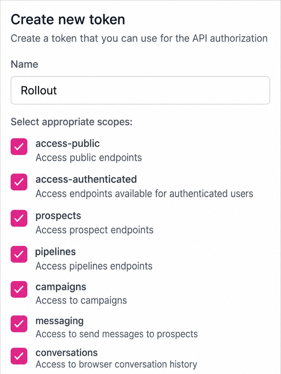 Bonzo Create new token form with every API scope selected
