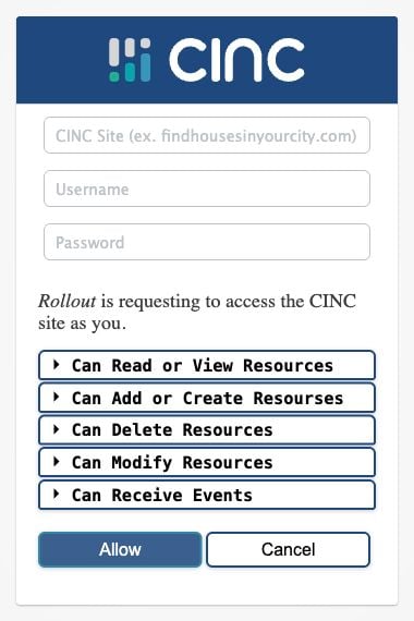 The real CINC authorization page with site, username, password, requested permissions, and Allow and Cancel buttons