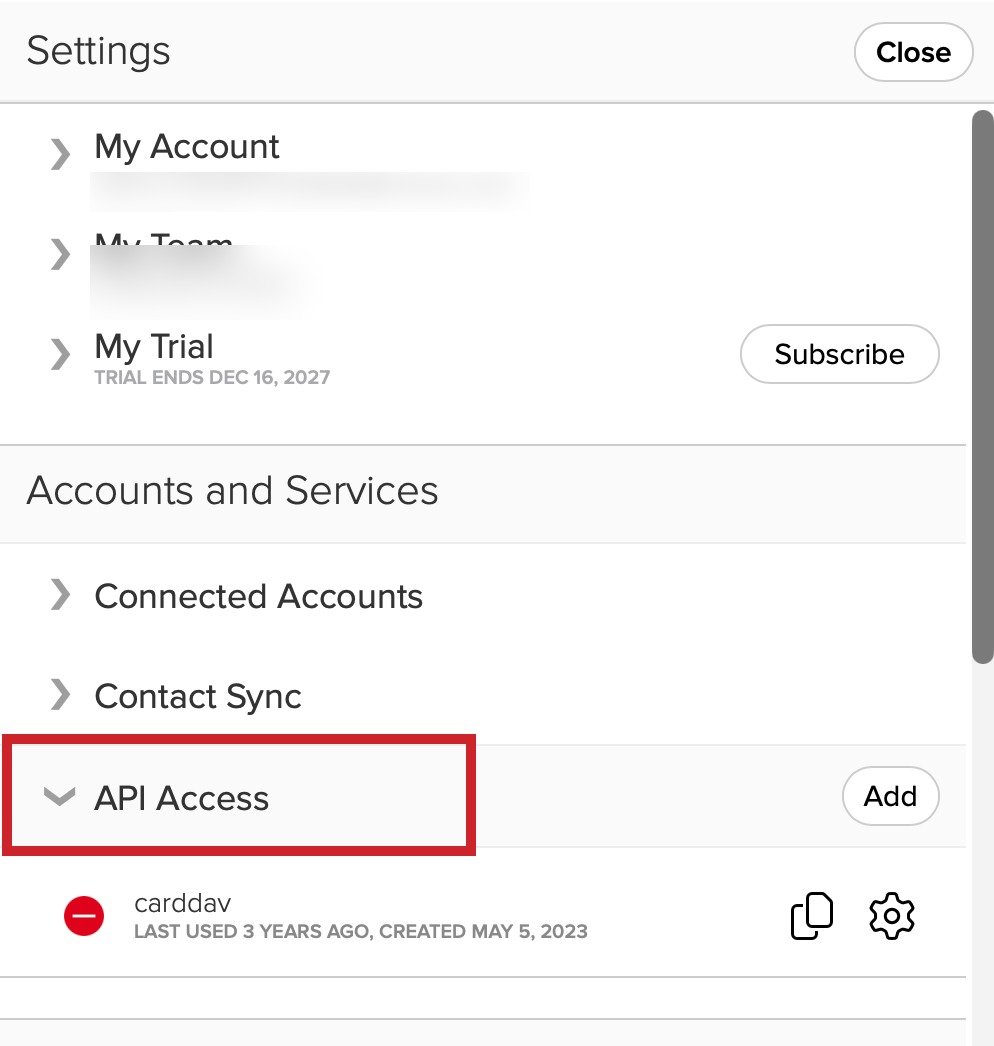 Cloze Settings with Accounts and Services and API Access highlighted