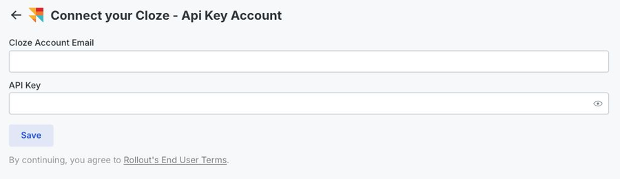 A mobile close-up of the Cloze account email, API Key, and Save controls