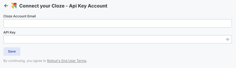 A mobile close-up of the Cloze account email, API Key, and Save controls