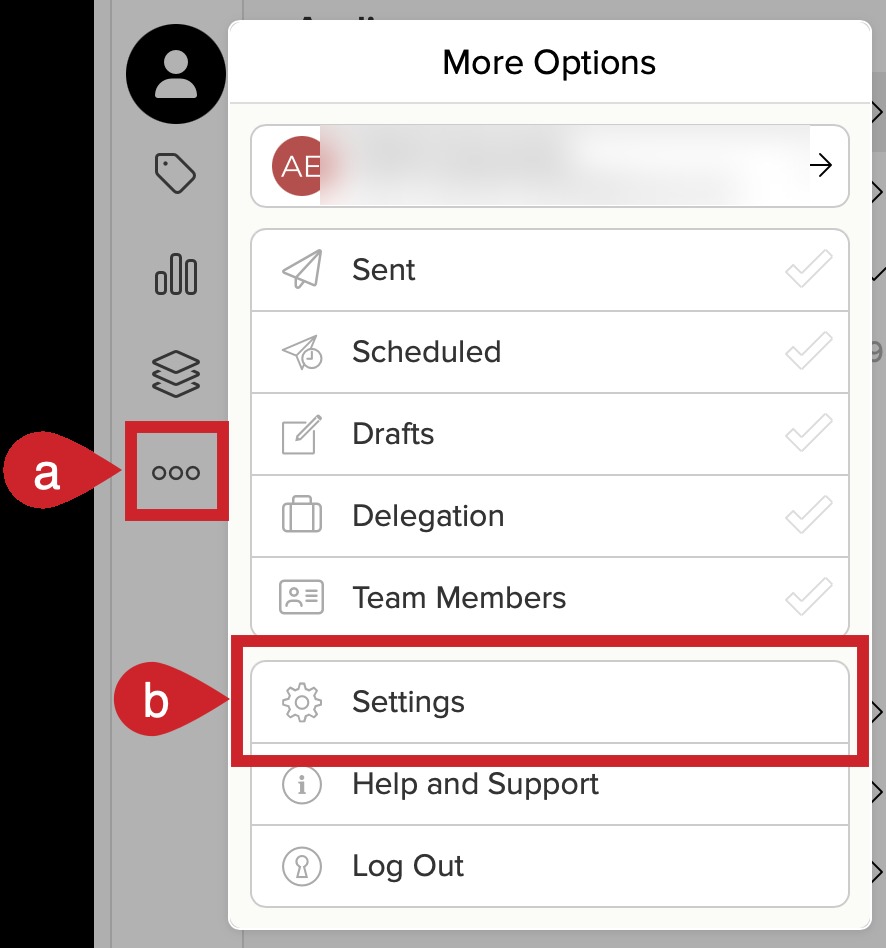 The Cloze More menu with account information blurred and More and Settings highlighted