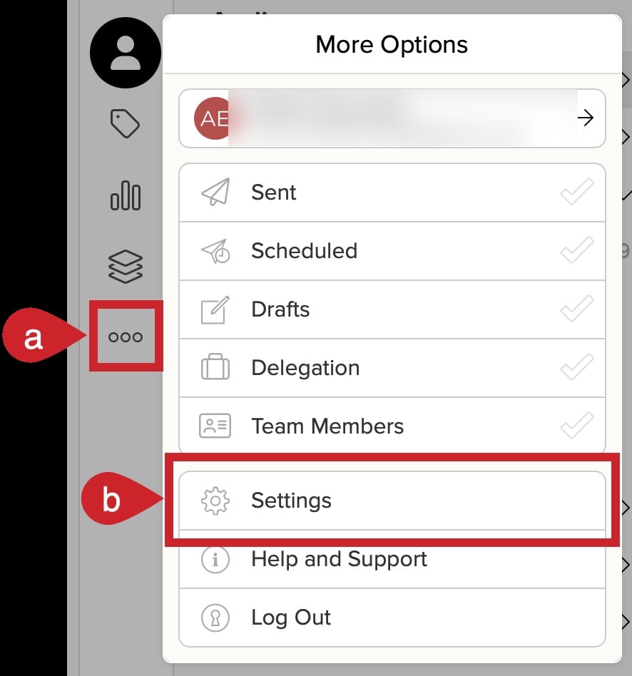 The Cloze More menu with account information blurred and More and Settings highlighted