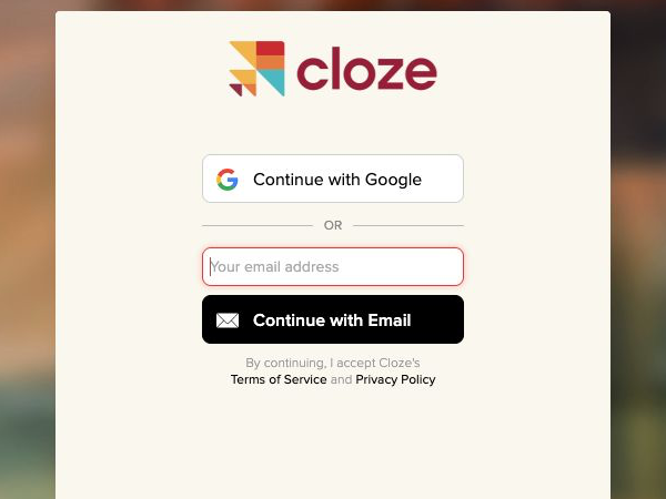 The real Cloze sign-in page with Google and email sign-in options
