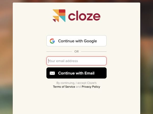 The real Cloze sign-in page with Google and email sign-in options