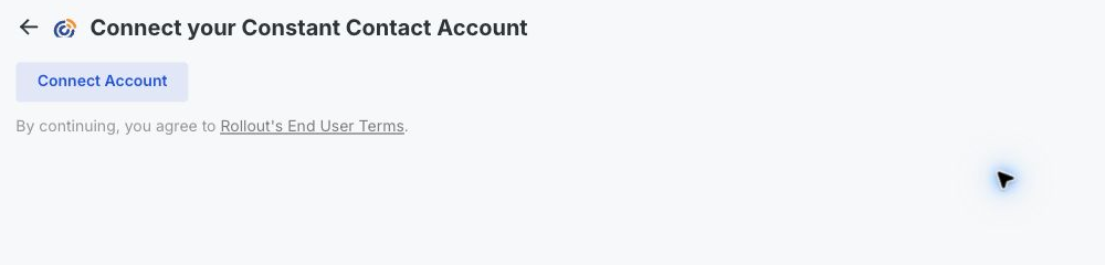 The Rollout-powered Constant Contact connection screen with the Connect Account button