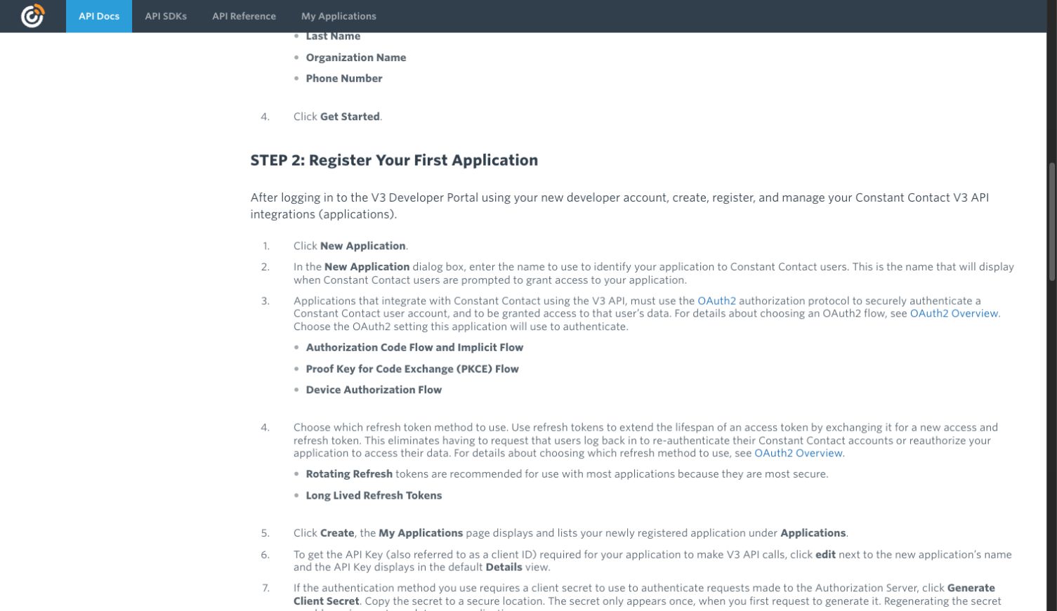 Official Constant Contact Quick Start instructions for registering an OAuth application and retrieving its API key and Client Secret