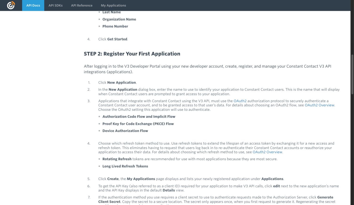 Official Constant Contact Quick Start instructions for registering an OAuth application and retrieving its API key and Client Secret