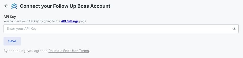 The Rollout demo app with a gently blurred example API key and the API Key field and Save button highlighted