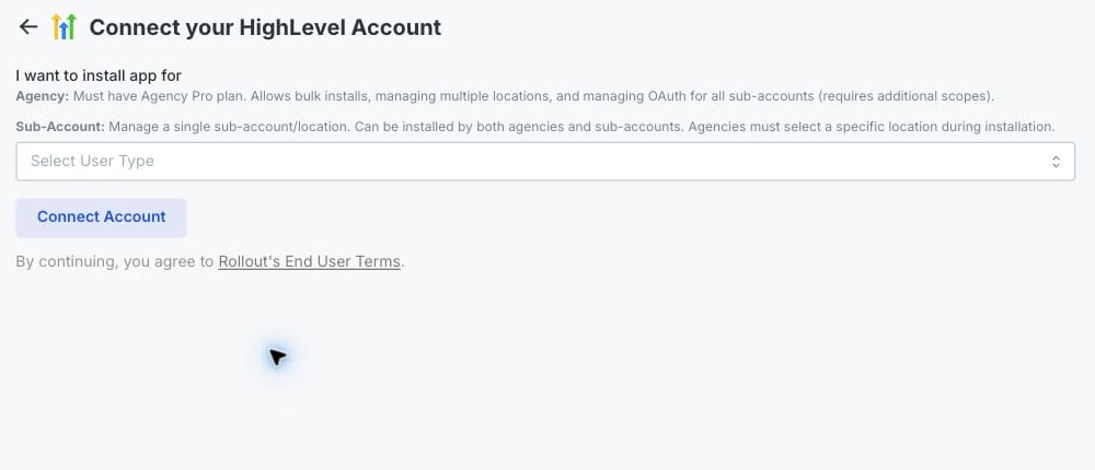 The Rollout-powered HighLevel connection screen with the Agency or Sub-Account selector and Connect Account button