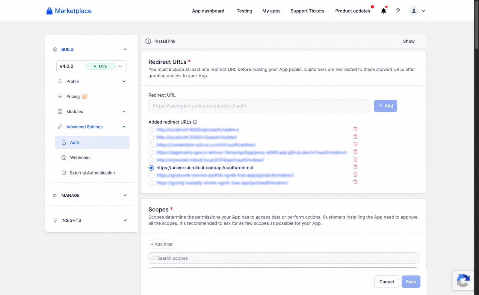 HighLevel Advanced Settings Auth page with the Rollout production redirect URI selected and the scopes area below