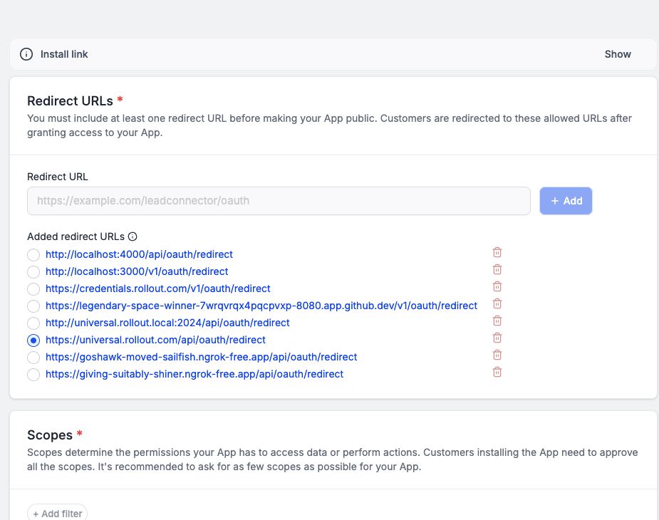 HighLevel Auth page showing the selected oauth.write and oauth.readonly scopes