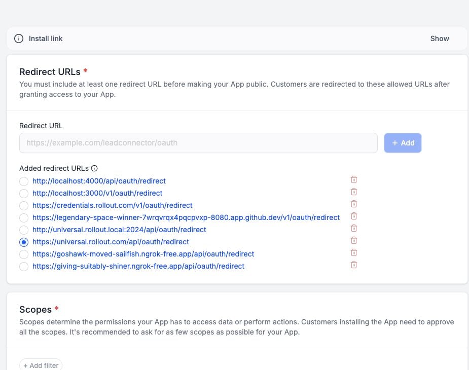 HighLevel Auth page showing the selected oauth.write and oauth.readonly scopes
