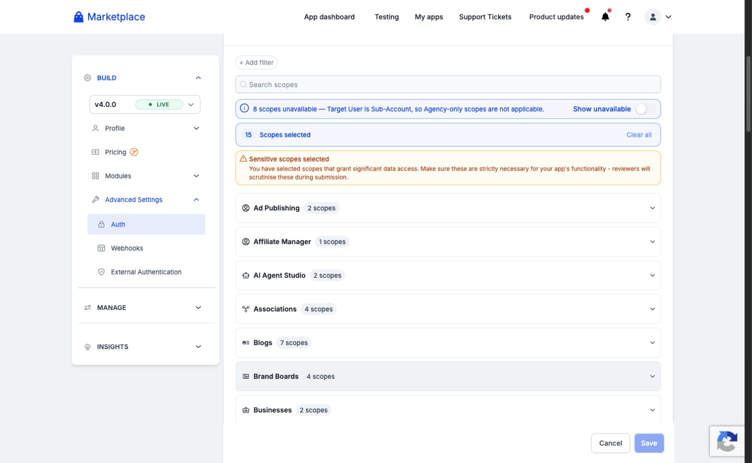 HighLevel Auth page showing the scope search, selected-scope count, and sensitive-scope warning