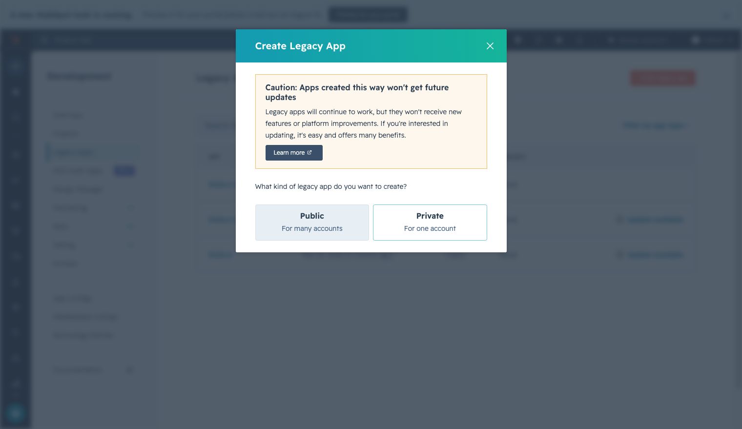 HubSpot Create Legacy App dialog showing the Public and Private app choices