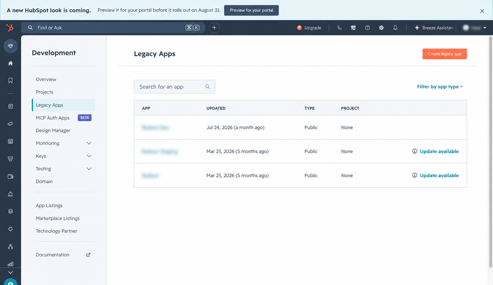HubSpot Development area with Legacy Apps selected and the Create legacy app button