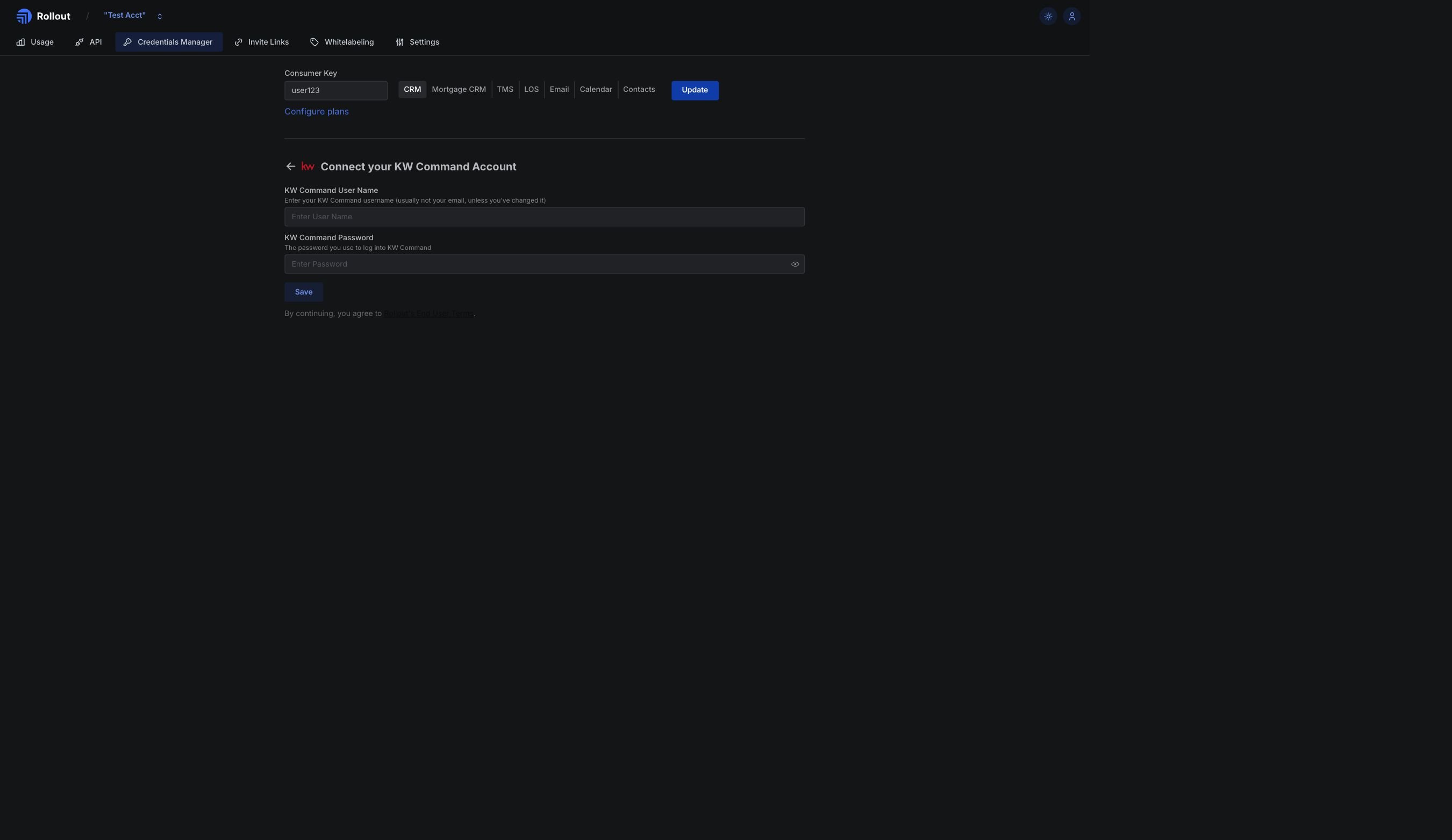 Rollout KW Command connection form showing the username and password fields