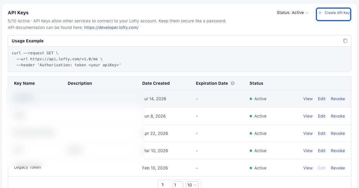 The Lofty API Keys section with Create API Key highlighted and existing key names gently blurred
