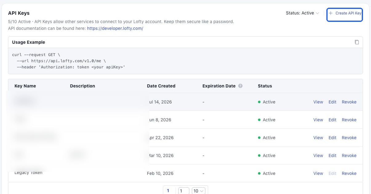 The Lofty API Keys section with Create API Key highlighted and existing key names gently blurred