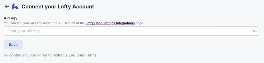 A mobile close-up of the Lofty API Key field and Save button