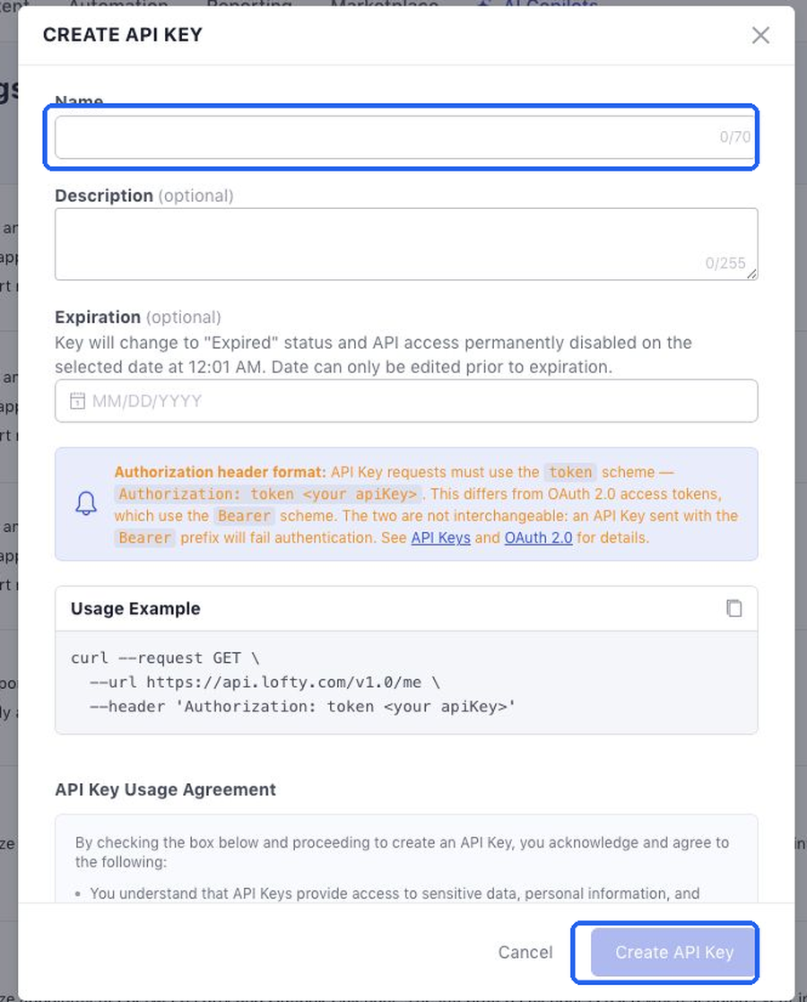 A mobile close-up of the Lofty Create API Key form