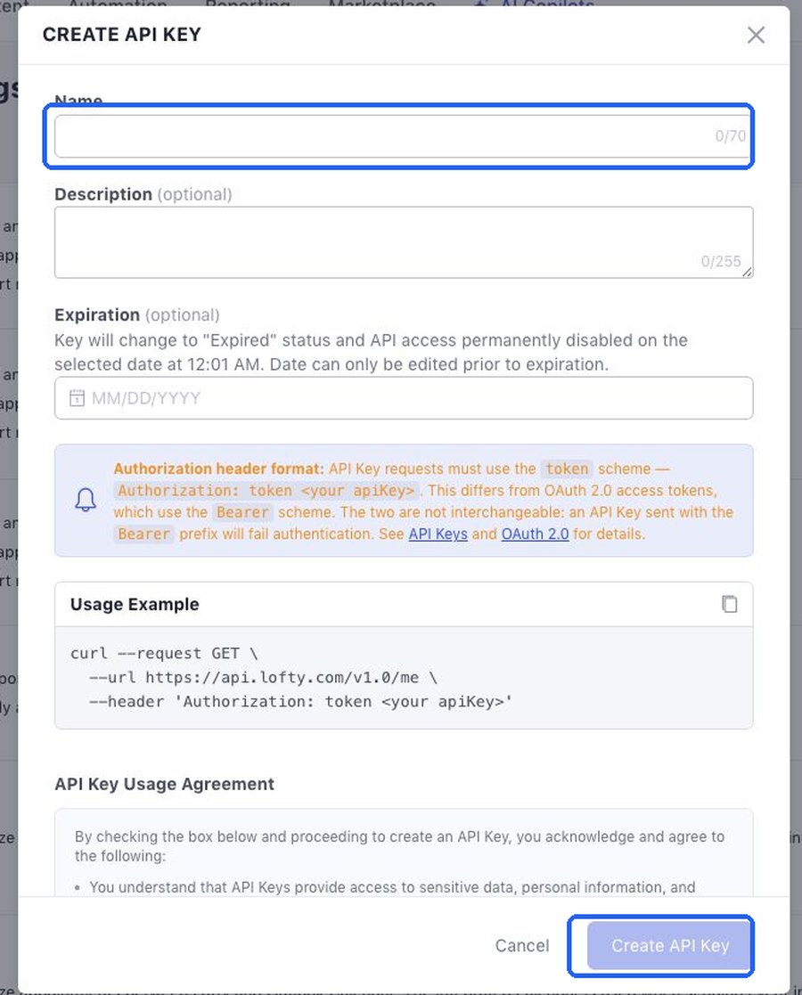 A mobile close-up of the Lofty Create API Key form