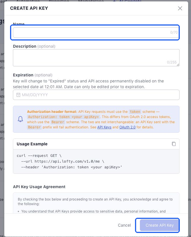 The Lofty Create API Key window with the Name field and Create API Key button highlighted