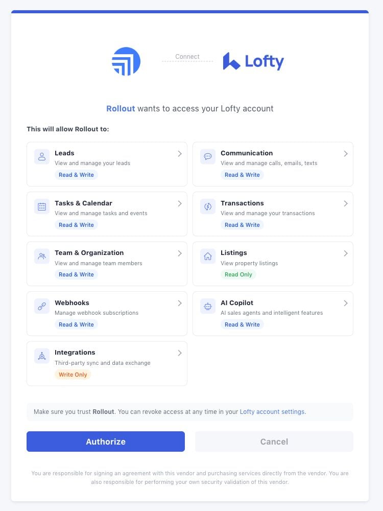 The real Lofty authorization page showing the access Rollout requests