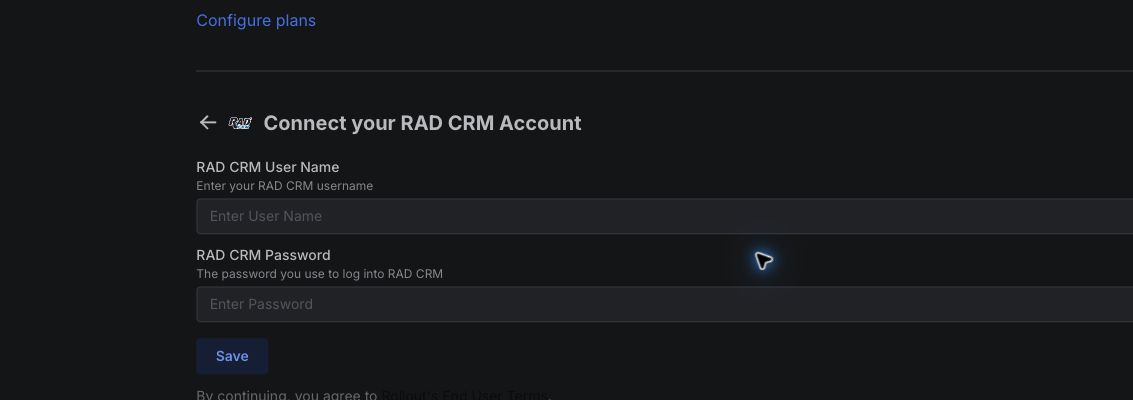 Rollout test tenant RAD CRM connection form with username and password fields