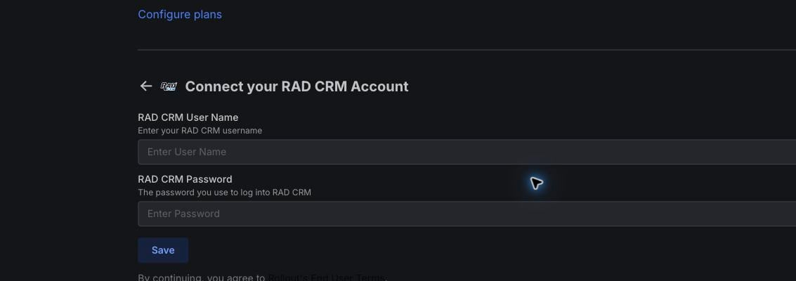 Rollout test tenant RAD CRM connection form with username and password fields
