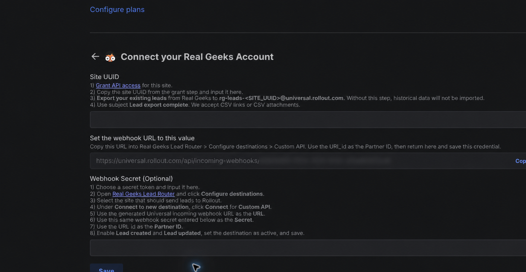 Rollout test tenant Real Geeks connection form with Site UUID, generated webhook URL, and optional Webhook Secret fields; the tenant-specific URL identifier is blurred