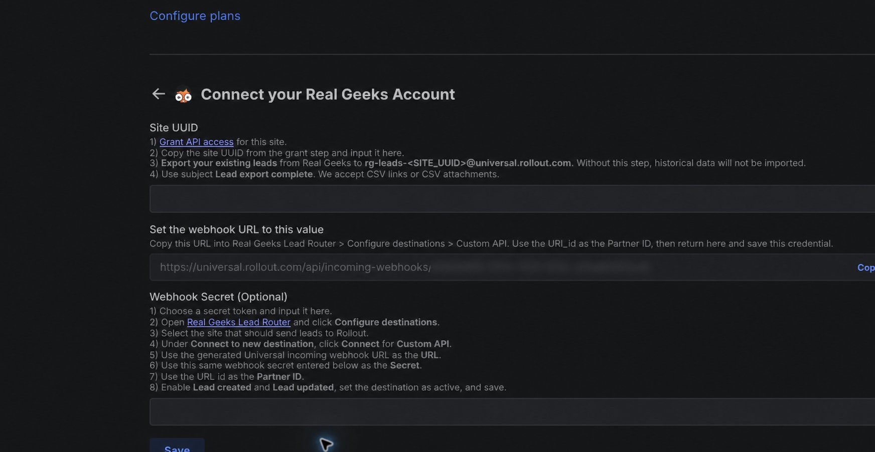 Rollout test tenant Real Geeks connection form with Site UUID, generated webhook URL, and optional Webhook Secret fields; the tenant-specific URL identifier is blurred