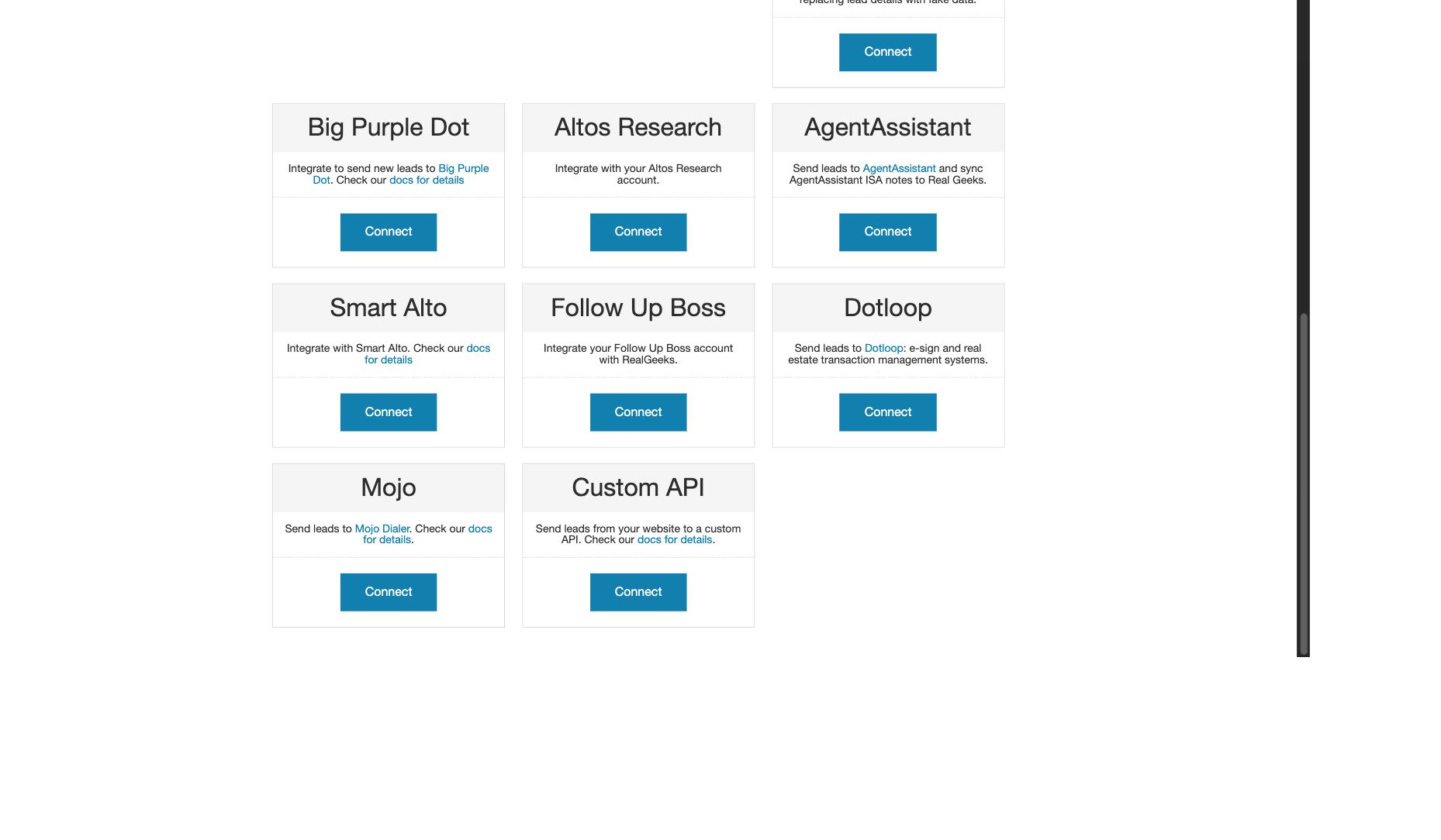 Real Geeks destination list showing the Custom API connection option