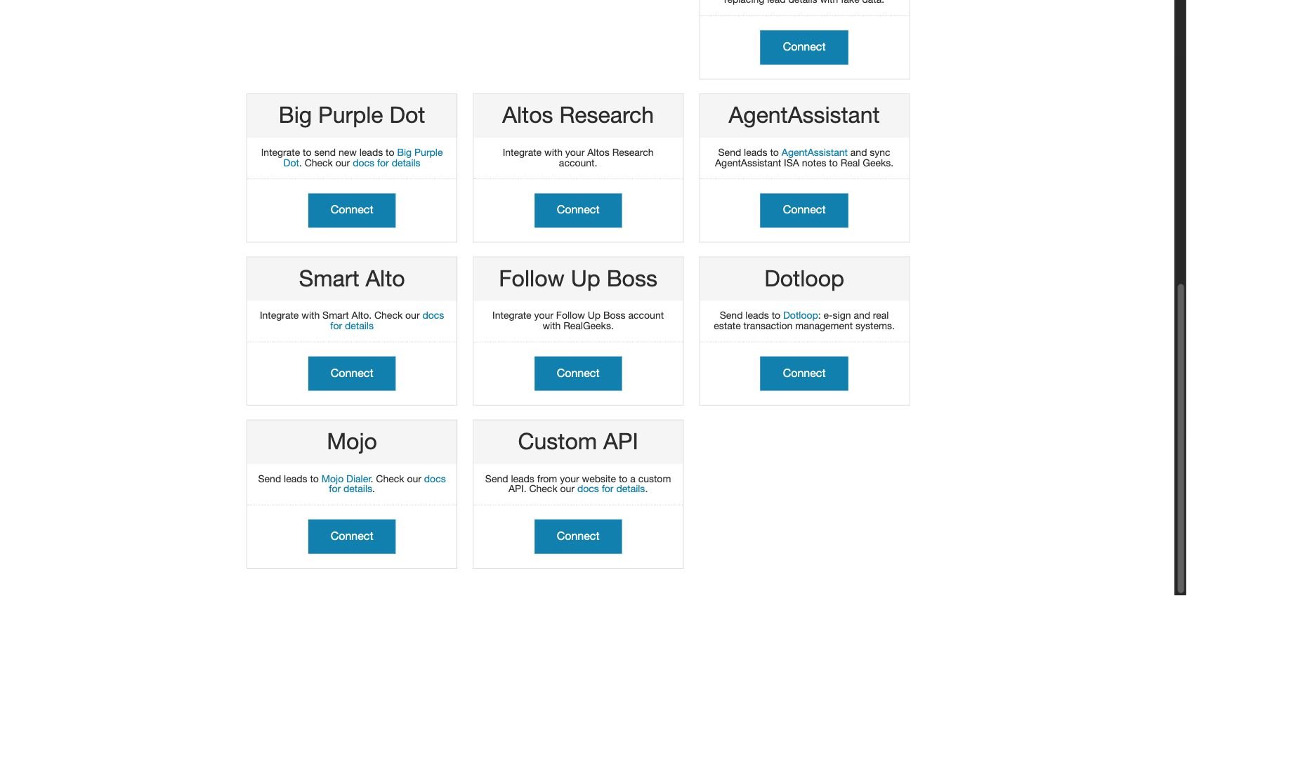 Real Geeks destination list showing the Custom API connection option
