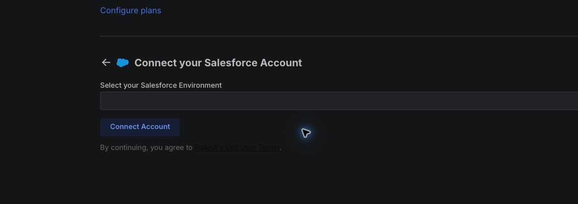 Rollout test tenant Salesforce connection form with the production and sandbox environment selector