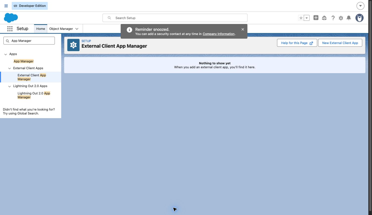 Salesforce External Client App Manager with the New External Client App button