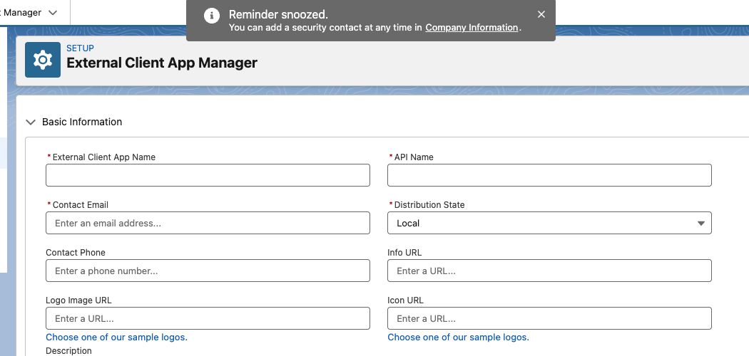 Salesforce New External Client App Basic Information form