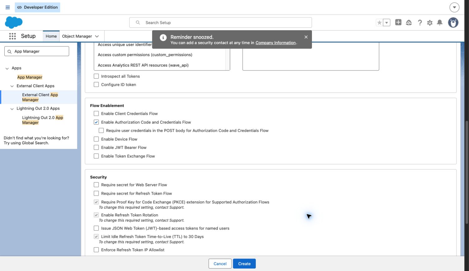 Salesforce External Client App Flow Enablement with Authorization Code and Credentials Flow selected and PKCE enabled