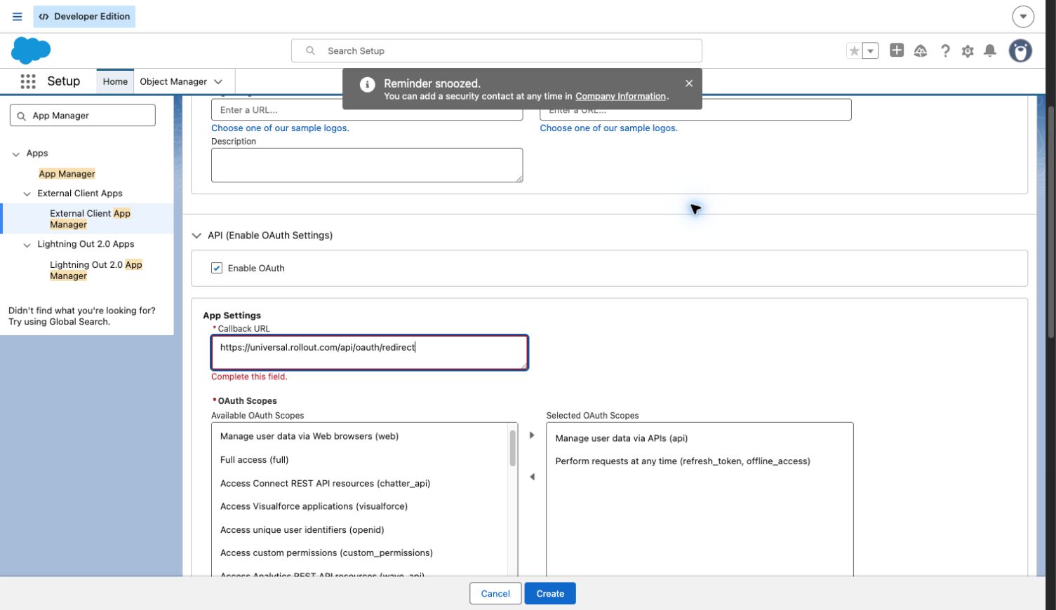 Salesforce External Client App OAuth settings with the Rollout callback URL and required API and refresh-token scopes selected