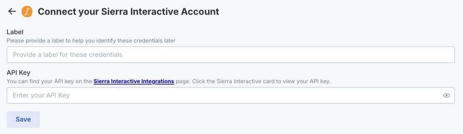 A mobile close-up of the Sierra Interactive Label, API Key, and Save controls