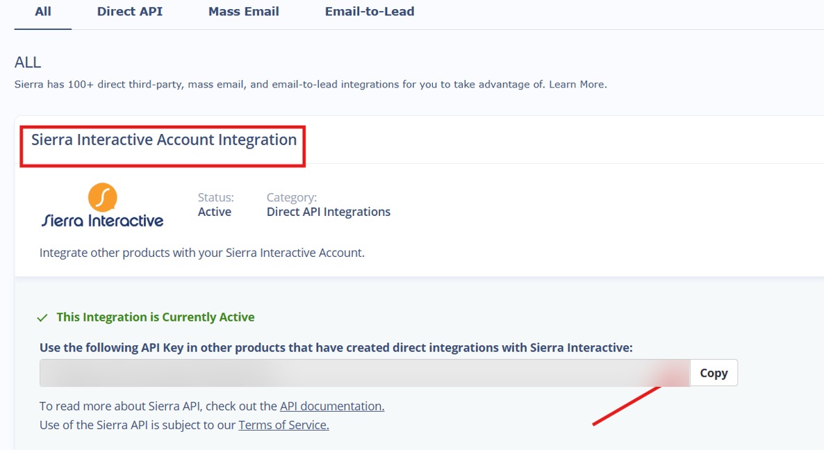 The Sierra Interactive Account Integration page with the API key blurred and Copy highlighted