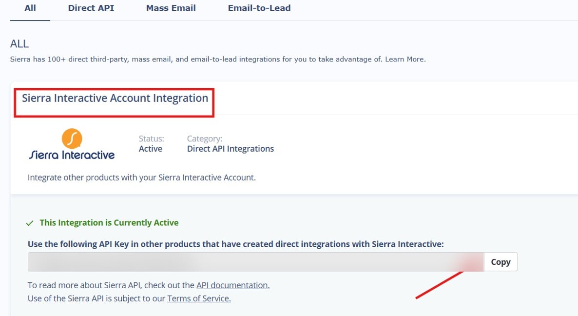 The Sierra Interactive Account Integration page with the API key blurred and Copy highlighted