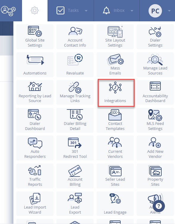 The Sierra Interactive settings menu with Integrations highlighted