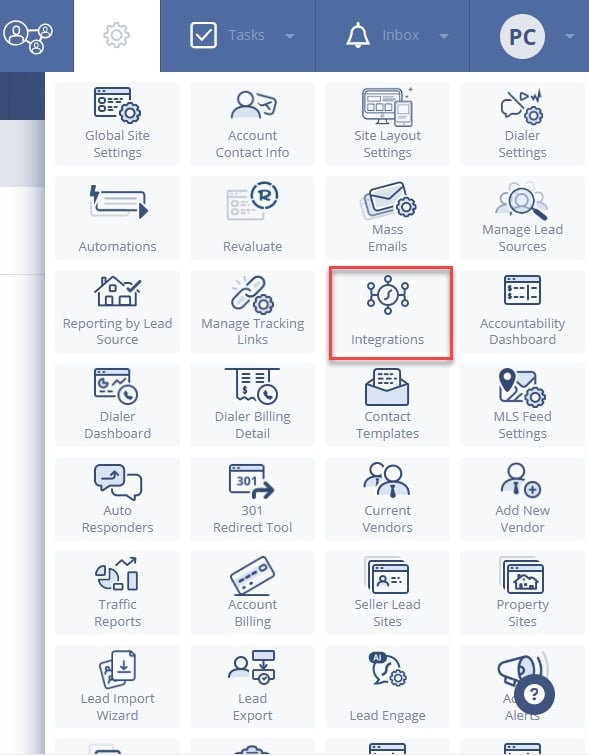 The Sierra Interactive settings menu with Integrations highlighted